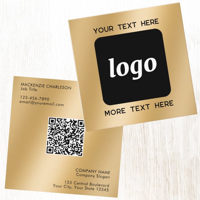 Einfacher Logo- und Text-QR-Code Gold Quadratische Visitenkarte (Simple logo with custom text QR code business branding promotional gold effect square business card)