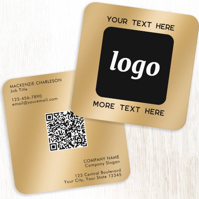 Einfacher Logo- und Text-QR-Code Gold Quadratische Visitenkarte (Simple logo with custom text QR code business branding promotional gold effect square business card)