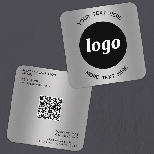Einfacher Logo- und Text-QR-Code Silber Quadratische Visitenkarte (Simple logocustom text QR code business branding promotional silver effect business cards)