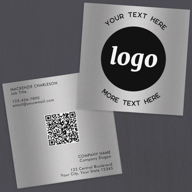 Einfacher Logo- und Text-QR-Code Silber Quadratische Visitenkarte (Simple logo custom text QR code siiver metallic effect business branding promotional business cards)