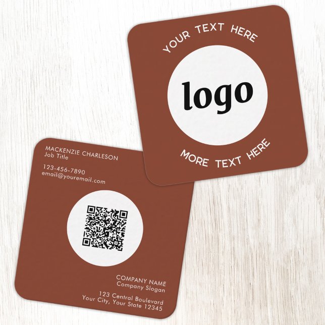 Einfacher Logo und Text QR-Code Terrakotta Quadratische Visitenkarte (Simple logo with custom text QR code business branding promotional terracotta square business card)
