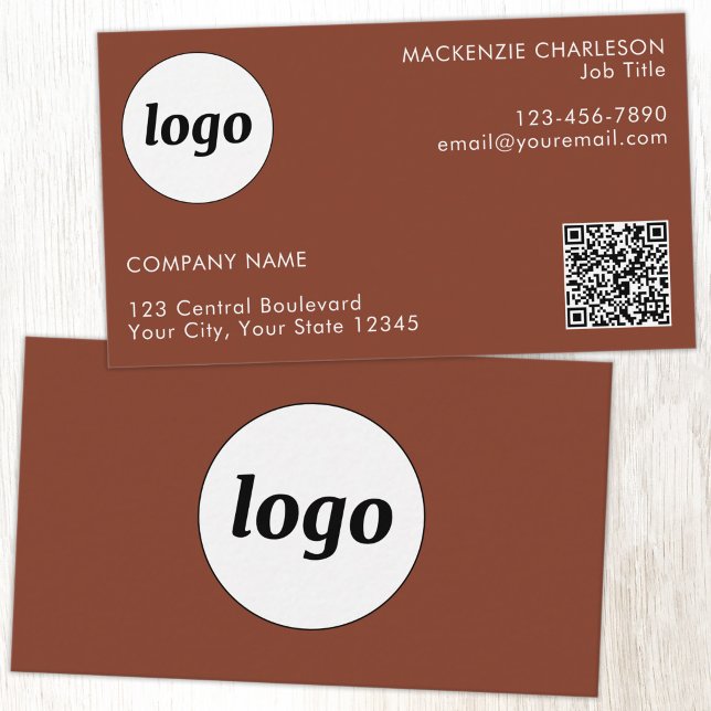Einfacher Logo und Text QR Code Terrakotta Visitenkarte (Simple logo with custom text business branding promotional QR code terracotta business card)