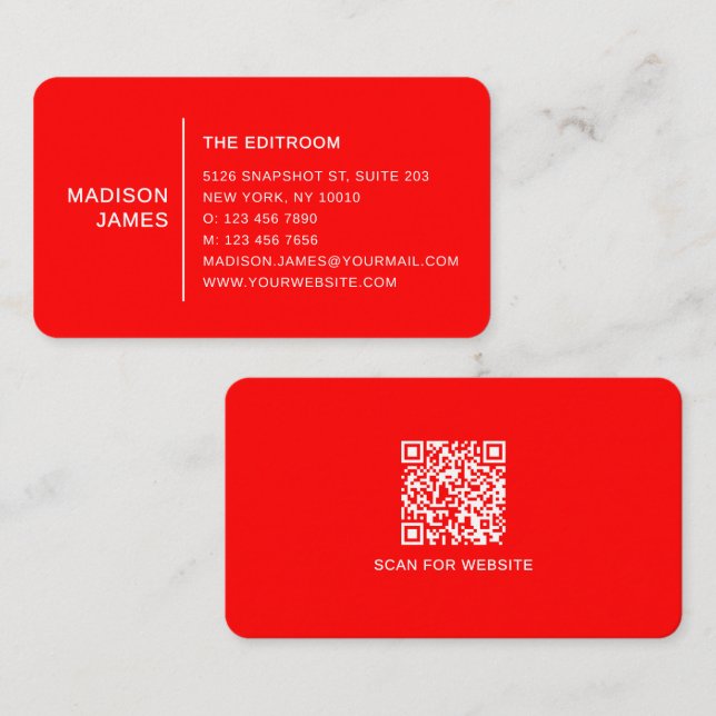 Einfacher moderner minimaler roter weißer QR-Code Visitenkarte (Vorne/Hinten)