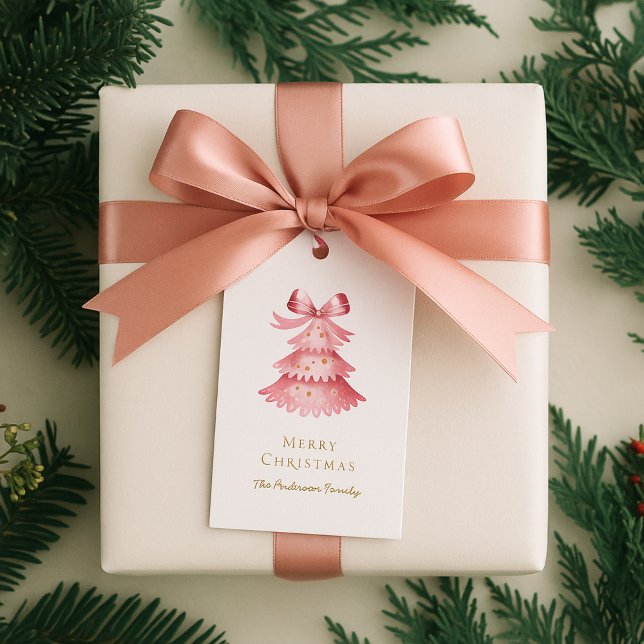 Einfacher moderner rustikaler rosa Weihnachtsbaum Geschenkanhänger (Von Creator hochgeladen)