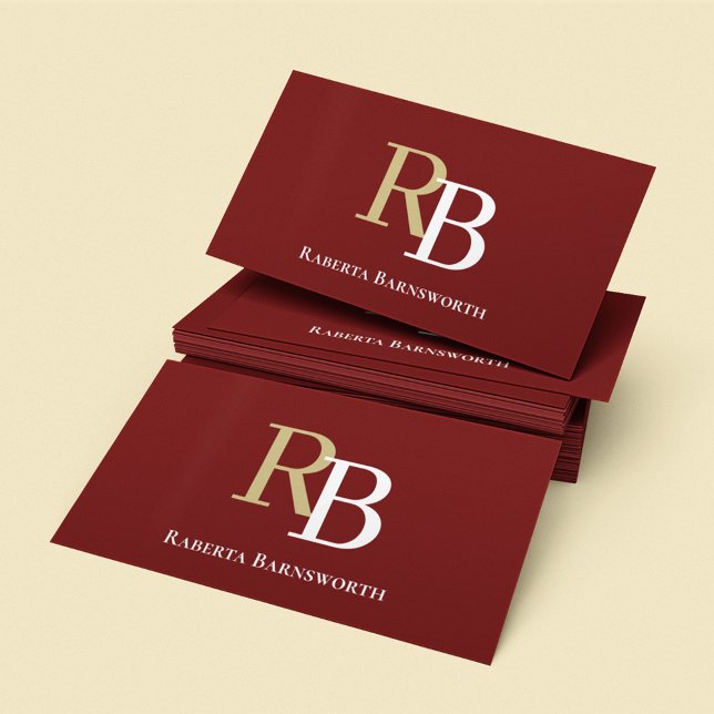 Einfacher Monogramm-QR-Code Burgund | Verbinde dic Visitenkarte (Burgundy and tan business card template.)