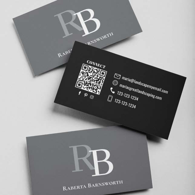 Einfacher Monogramm-QR-Code Grau | Verbinde dich m Visitenkarte (Grey and black business card template. With a scannable QR code.)