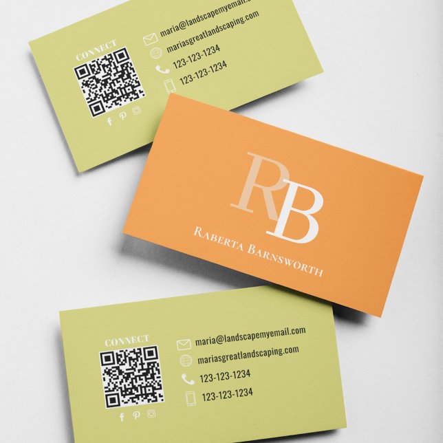 Einfacher Monogramm-QR-Code Orange | Verbinde dich Visitenkarte (Orange and yellow gold two toned business card.)