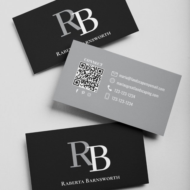 Einfacher Monogramm-QR-Code Schwarz | Verbinde dic Visitenkarte (Black and gray business card with simple monogram.)