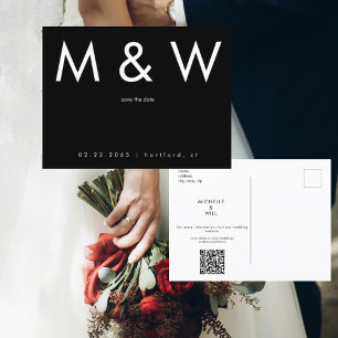 Einfacher Monogramm Schwarz-Weiß QR-Code Save Date Ankündigungspostkarte