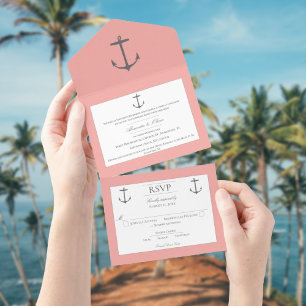 Einfacher nautischer Anker Hochzeit   Koralle All In One Einladung