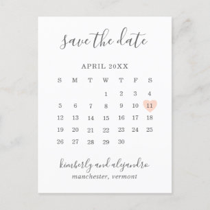 Einfacher Pfirsich-Herz-Kalender Hochzeit Termin v Ankündigungspostkarte
