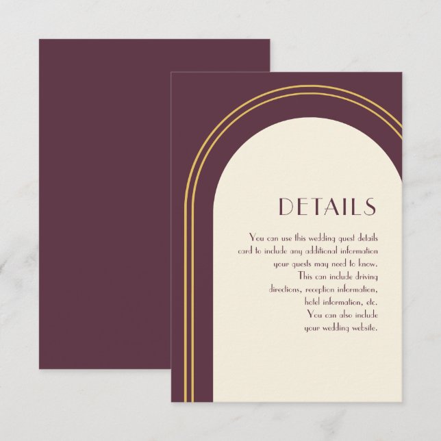 Einfacher Pflaumenbogen für Hochzeiten - Details Begleitkarte (Vorne/Hinten)
