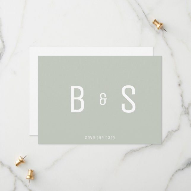 Einfacher QR-Code für moderne Sage Monogram Save t The Date (Vorderseite/Rückseite Beispiel)