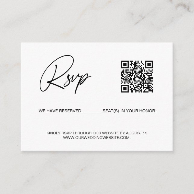 Einfacher reservierter Sitz QR CODE RSVP Hochzeits Begleitkarte (Vorderseite)