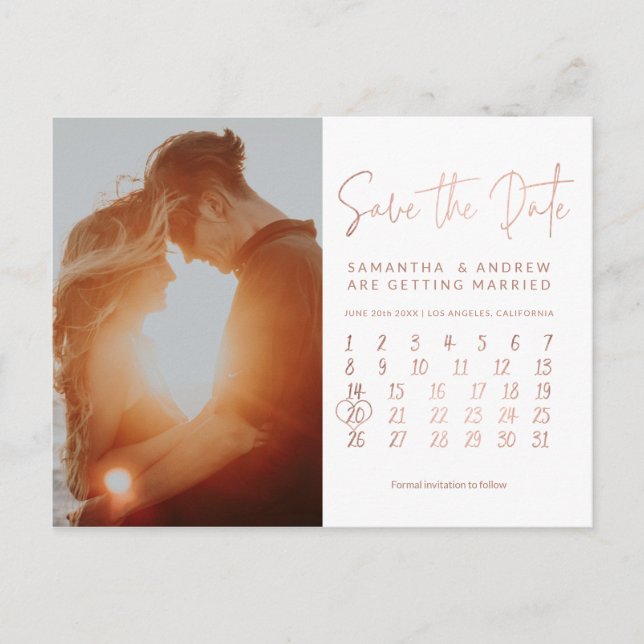 Einfacher RosengoldFotokalender Save the Date Ankündigungspostkarte (Vorderseite)