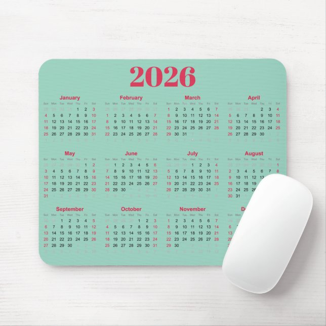 Einfacher roter und hell türkis 2026 Kalender  Mousepad (Mit Mouse)