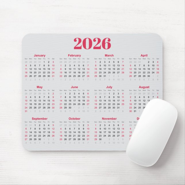 Einfacher roter und hellgrauer 2026-Kalender  Mousepad (Mit Mouse)