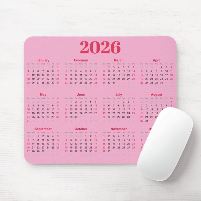 Einfacher roter und rosa 2026-Kalender  Mousepad (Mit Mouse)