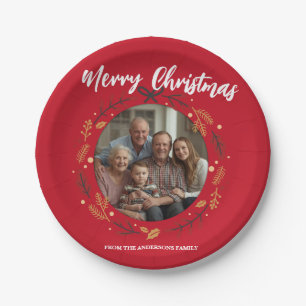Einfacher roter Weihnachts-Kranz Foto Familienname Pappteller