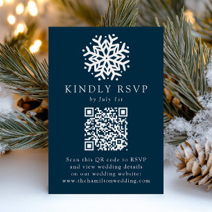 Einfacher Schneeflocken Navy QR-Code Hochzeit RSVP Karte