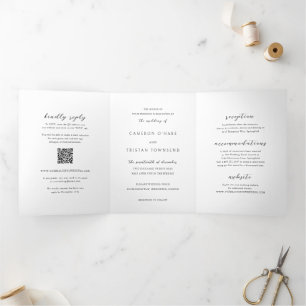 Einfacher Schwarz-Weiß-QR-Code saubere Hochzeit Dreifach Gefaltete Einladung