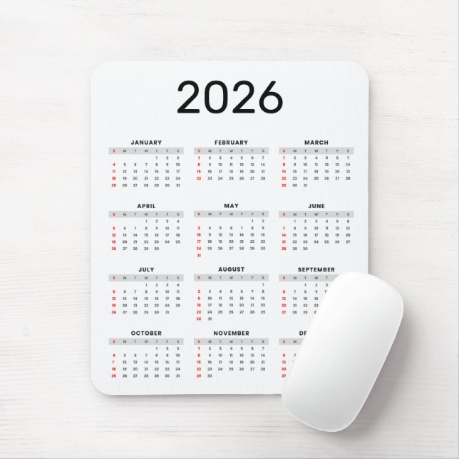 Einfacher schwarzer und weißer Kalender 2026 Mousepad (Mit Mouse)