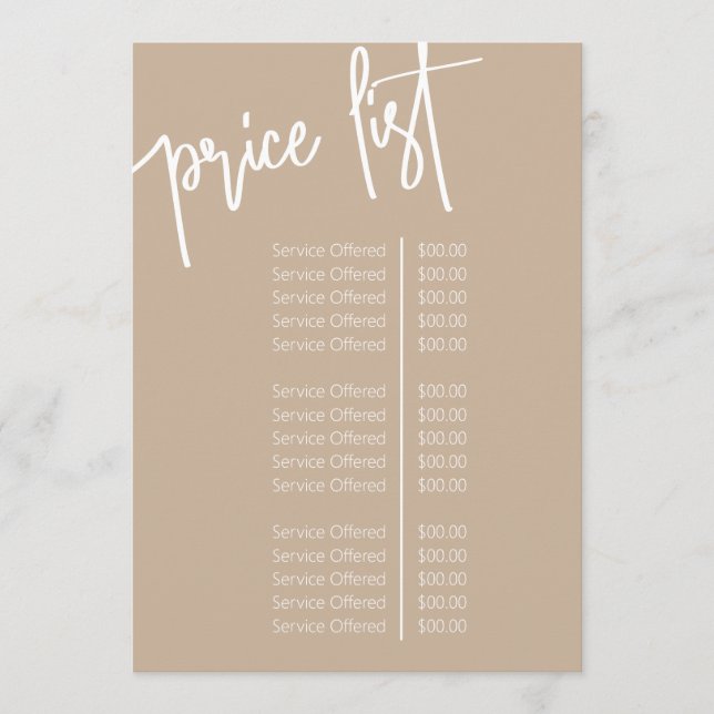 Einfacher Script Beige Salon Price List Service Menükarte (Vorderseite)