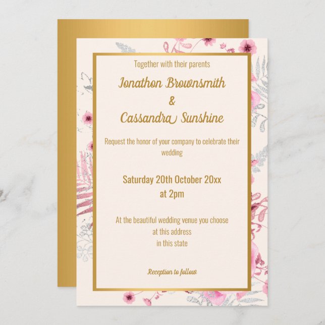 EINFACHER SILBERPINK GOLD FLORAL WEDGOLD EINLADUNG (Vorne/Hinten)