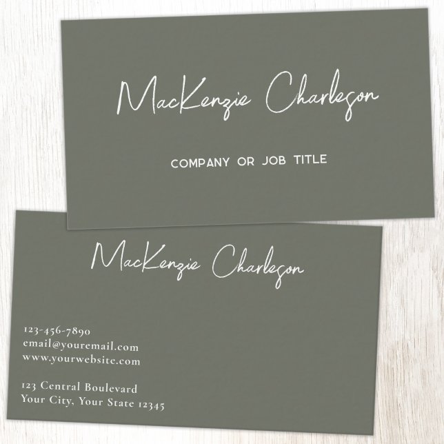 Einfacher Skriptname Modernes Salbeigrün Visitenkarte (Simple modern minimalist script professional business card design sage green)