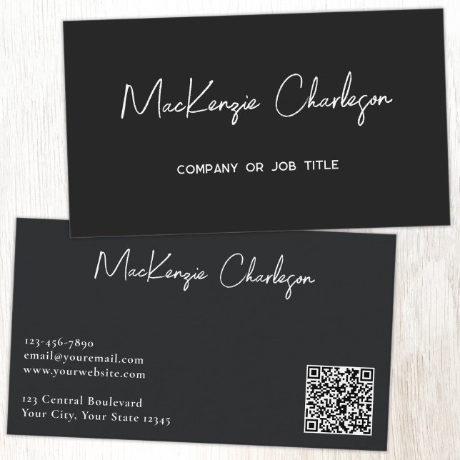 Einfacher Skriptname und Text QR-Code Schwarz Visitenkarte (Simple modern script minimalist business card with QR code black)