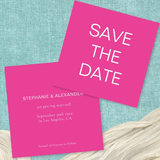Einfacher Text Hot Pink Wedding Square Save The Date (Front and back view)