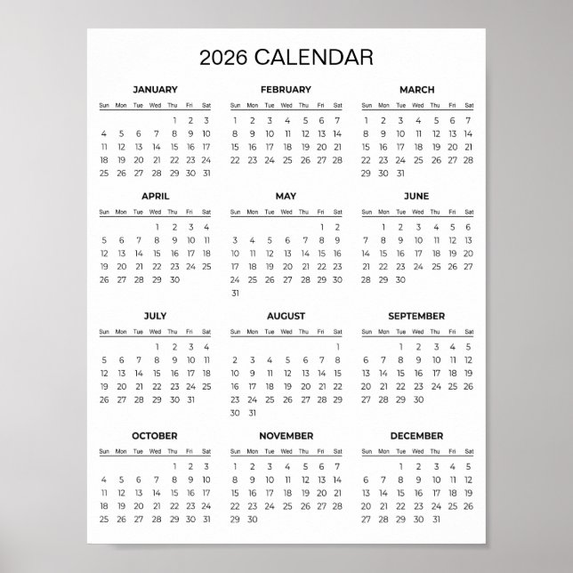 Einfacher und dennoch eleganter Kalender 2026 |  Poster (Vorne)