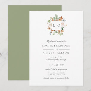 Einfacher Wasserfarben-Monogramm-Kranz Hochzeit Sa Einladung