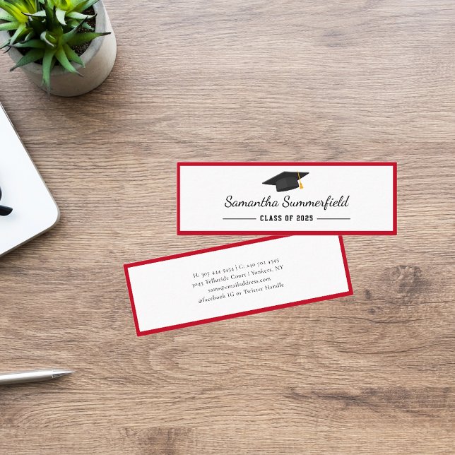 Einfaches Abschluss 2025 Minimalistischer Skriptna Mini Visitenkarte (Elegant Graduation 2025 Red White Grad Cap Mini Calling Card)