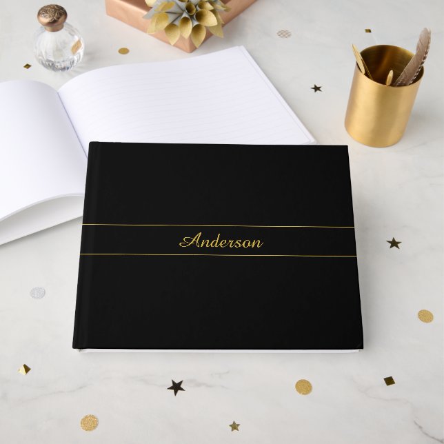 Einfaches anpassbares Gold- und Schwarz-Textdesign Gästebuch (Vorderseite Offen)