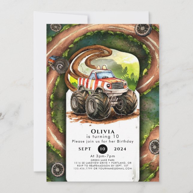 Einfaches Aquarellmonster Truck Geburtstag Einladung (Vorderseite)