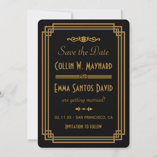 Einfaches Art Deco Schwarz Save The Date (Vorderseite)