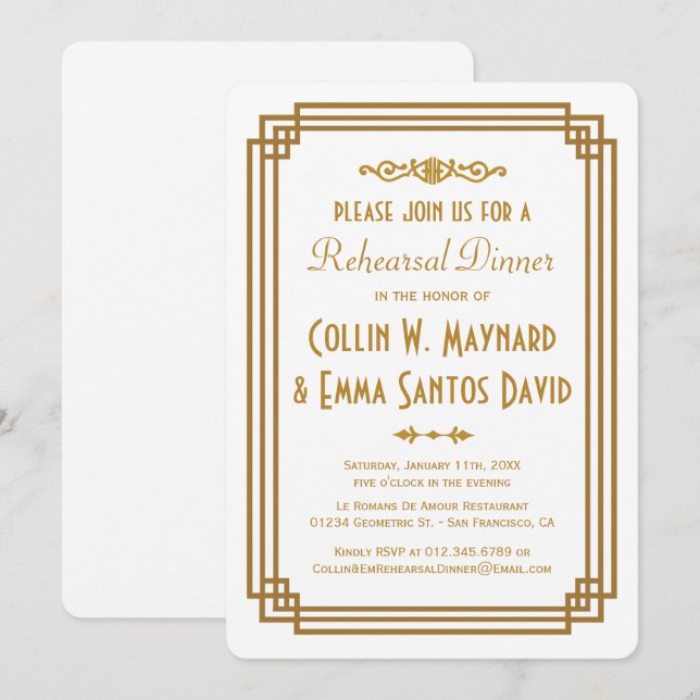 Einfaches Art Deco Weißes Probe Dinner lädt ein Einladung (Vorne/Hinten)