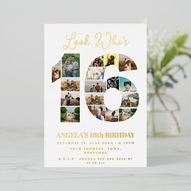 einfaches Aussehen, der 16 Foto Collage 10 Geburts Folieneinladung (Stehend vorne)