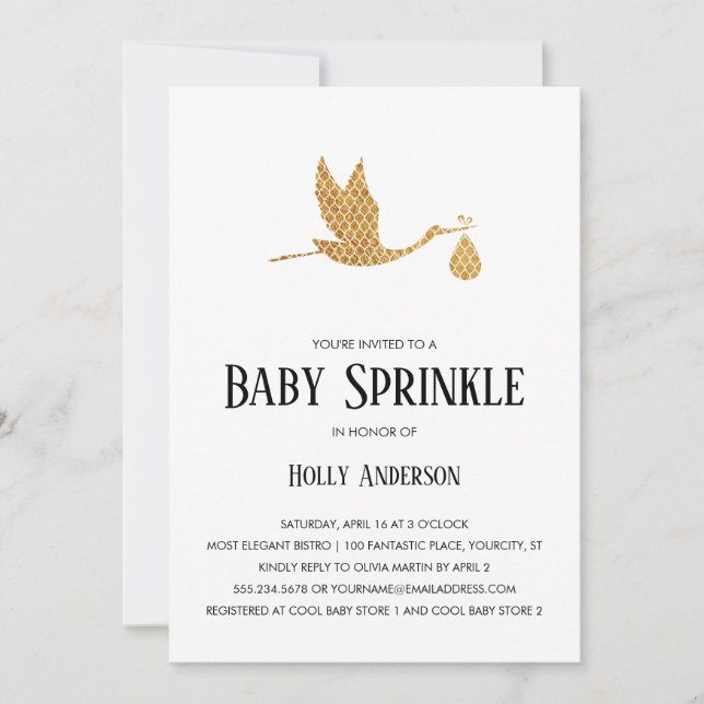 Einfaches Baby Sprinkle Preppy Gold Stork w Bundle Einladung (Vorderseite)