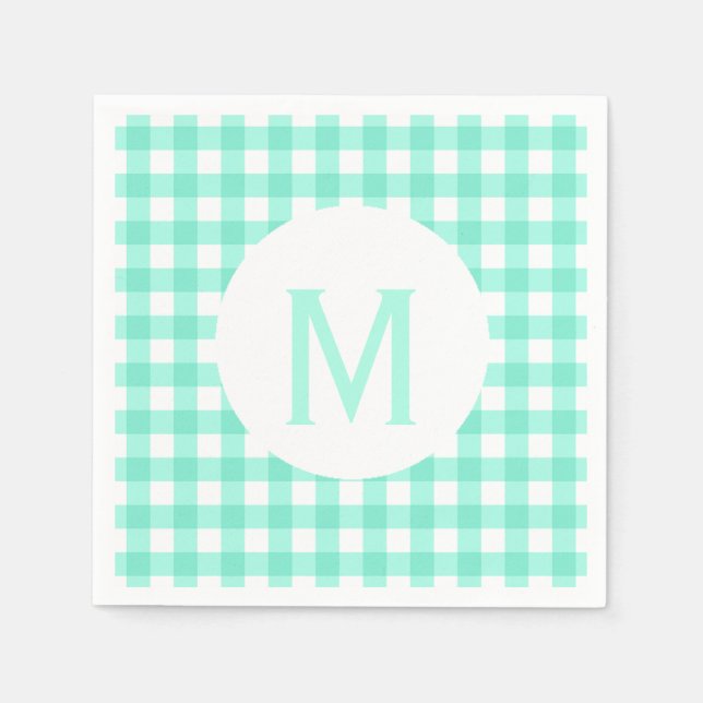 Einfaches Basic Neo Mint Green Gingham Monogram Serviette (Vorderseite)