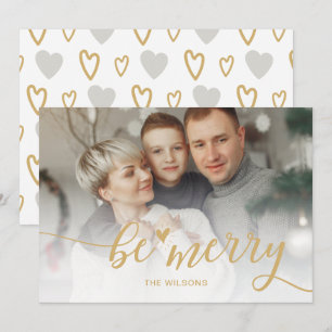 Einfaches Be Merry Schrift Herzchen Süß Gold Foto Feiertagskarte