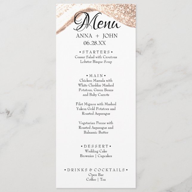 Einfaches, benutzerdefiniertes Gold Glitzer Hochze Menükarte (Vorderseite)
