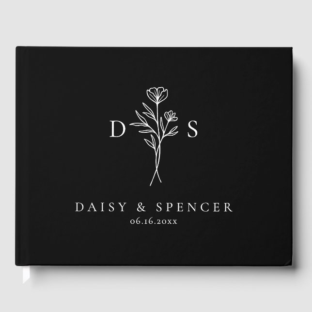 Einfaches Black Floral Monogram Wedding Guest Book Gästebuch (Vorderseite)