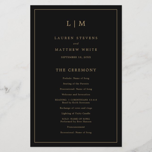 Einfaches Black Gold Hochzeitsprogramm für Monogra (Vorne)