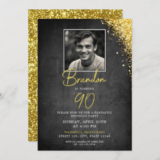 Einfaches Black & Gold Vintages Foto 90. Geburtsta Einladung