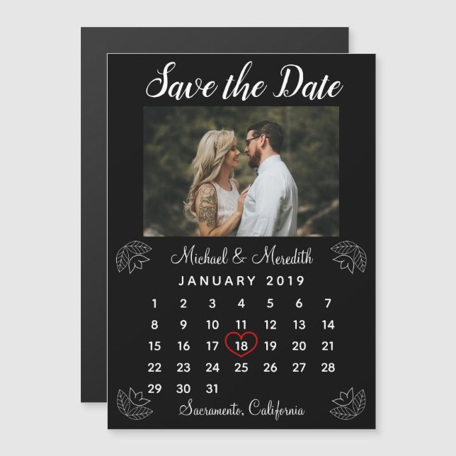 Einfaches Black Wedding Calendar Foto Save the Dat Magneteinladung (Vorne/Hinten)