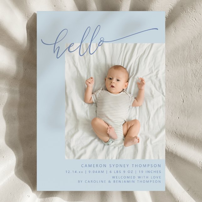 Einfaches Blau Schriftart Süß Hallo Baby Zwei Foto Ankündigung (Von Creator hochgeladen)