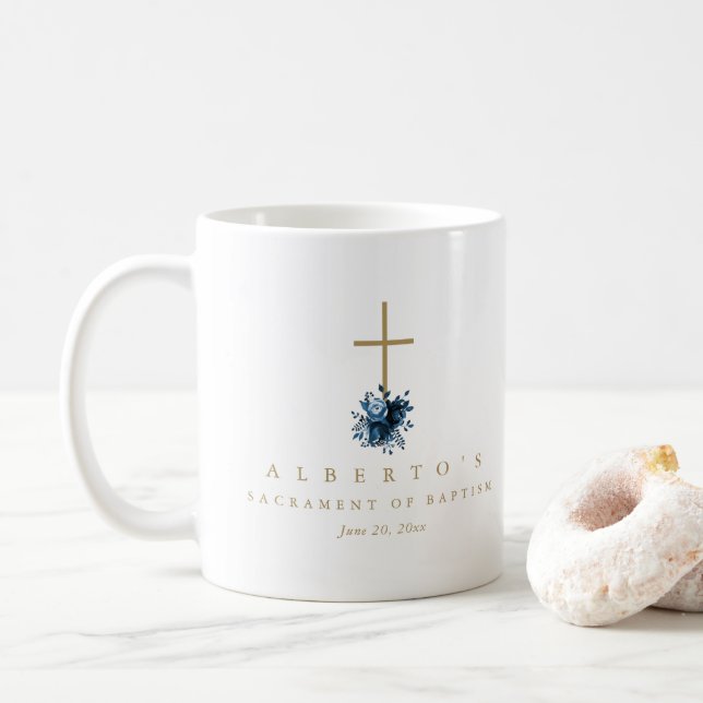 Einfaches blaues, florales, katholisches Taufbecke Kaffeetasse (Mit Donut)