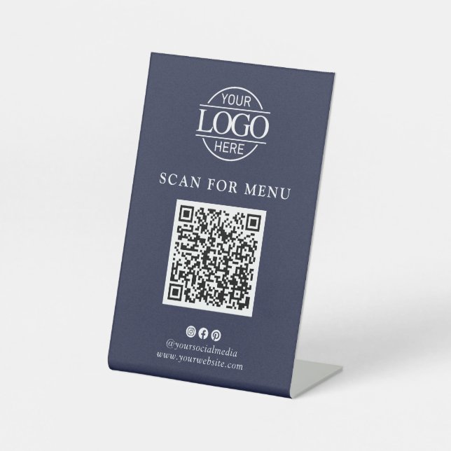 Einfaches blaues Geschäftslogo Kontaktloser QR-Cod Sockelschild (Vorderseite)